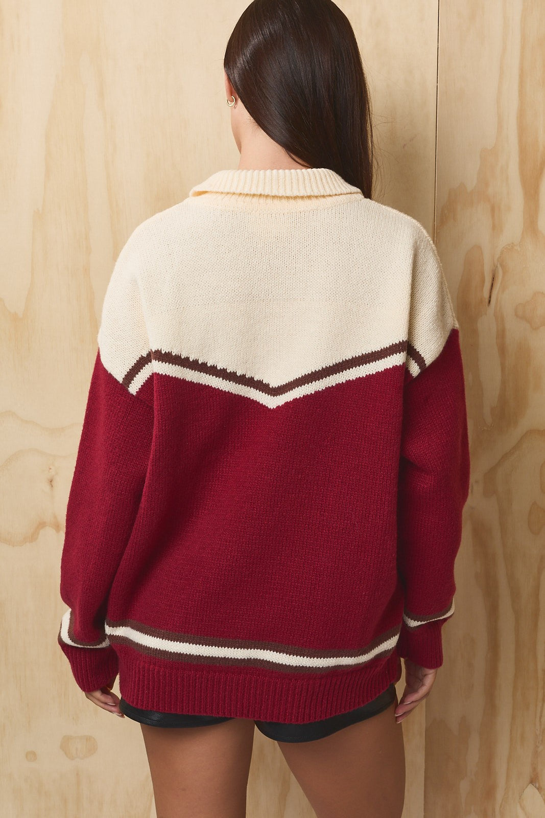 Puppy Club Collared Knit Sweater - Cream Dark Red