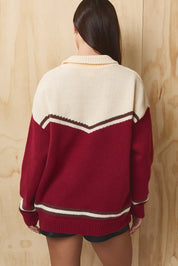 Puppy Club Collared Knit Sweater - Cream Dark Red
