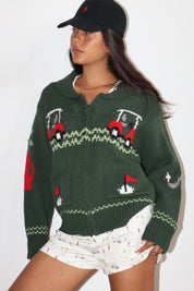 Putting Green Golf Motif Zip Cardigan - Westly