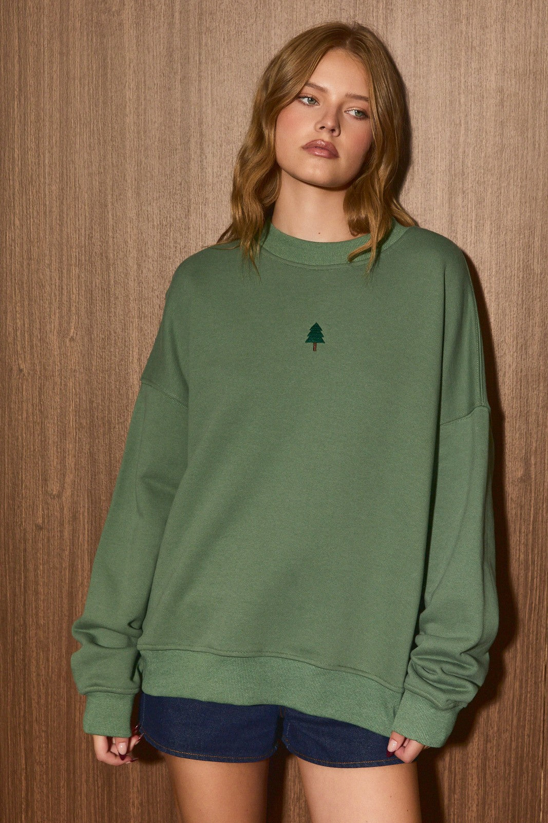 Quiet Christmas Embroidered Tree Sweatshirt in Dusty Green — product photo 02