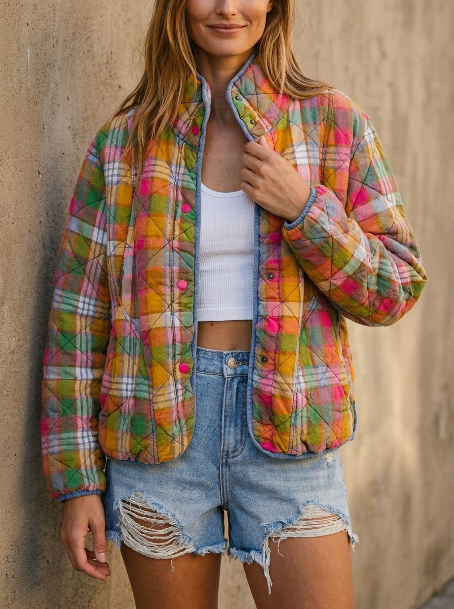 Quincy Bleached Vintage Plaid Quilted Jacket With Pockets - Westly