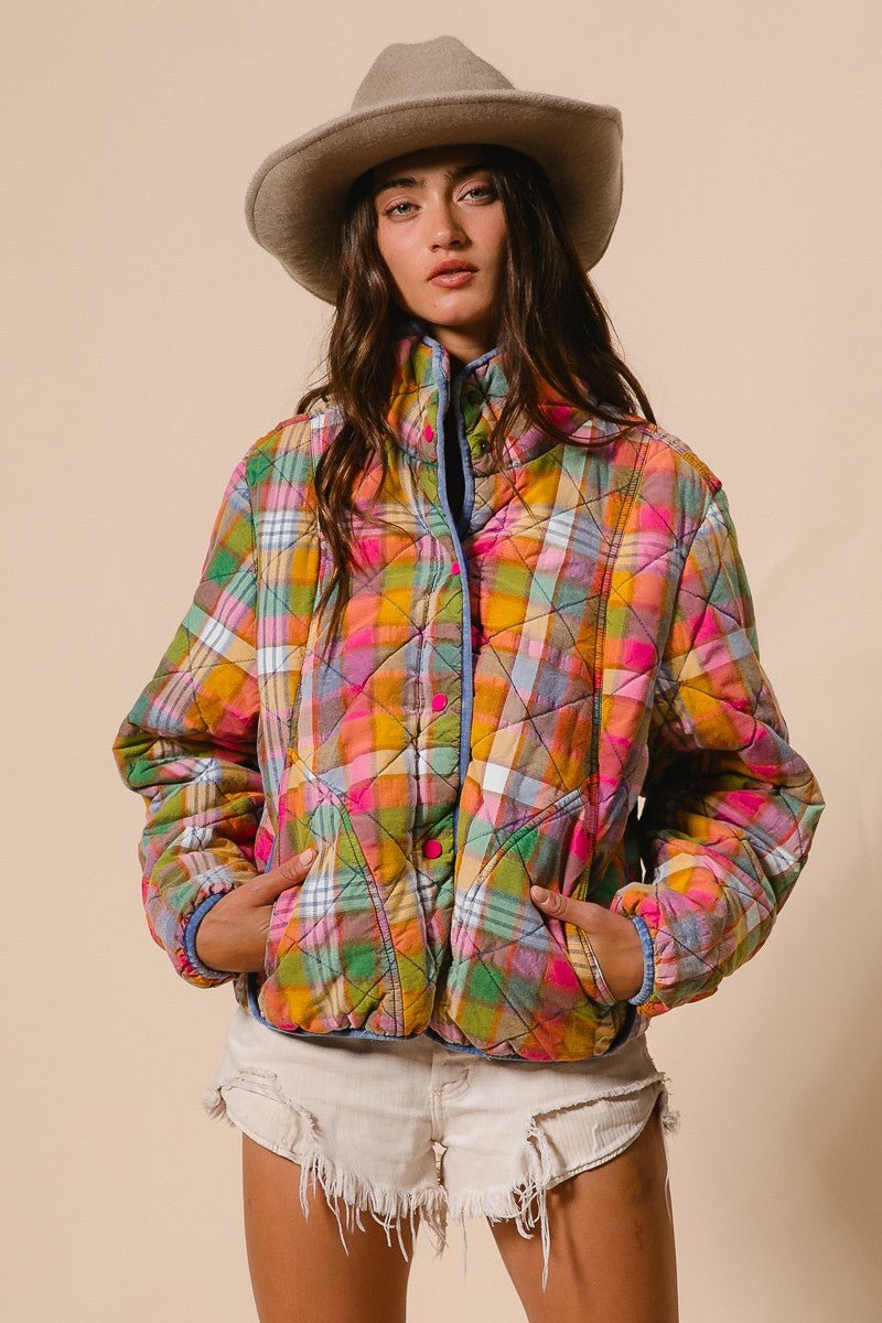 Quincy Bleached Vintage Plaid Quilted Jacket With Pockets - Westly