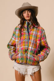 Quincy Bleached Vintage Plaid Quilted Jacket With Pockets - Westly