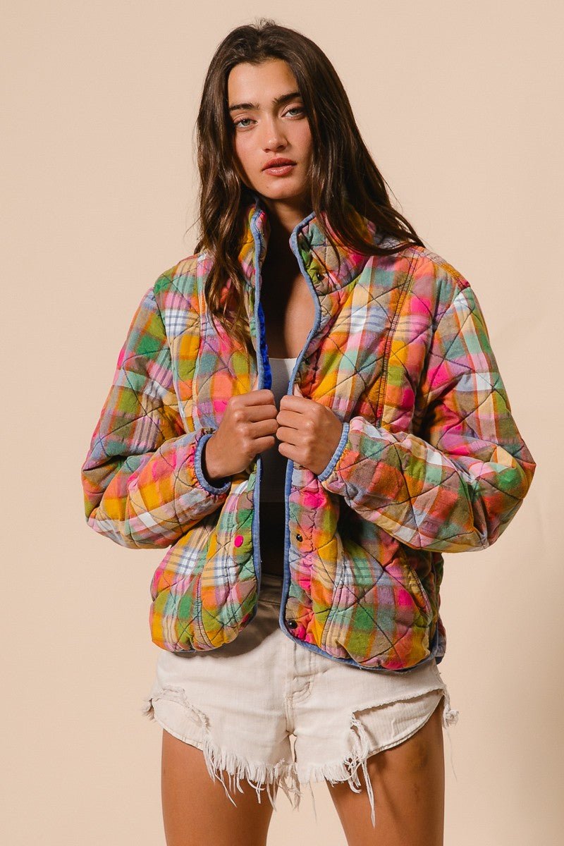 Quincy Bleached Vintage Plaid Quilted Jacket With Pockets - Westly