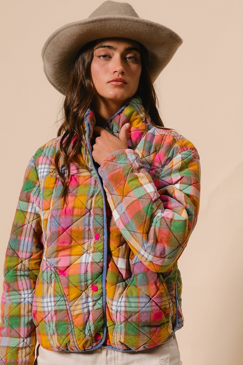 Quincy Bleached Vintage Plaid Quilted Jacket With Pockets - Westly