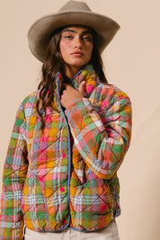 Quincy Bleached Vintage Plaid Quilted Jacket With Pockets - Westly