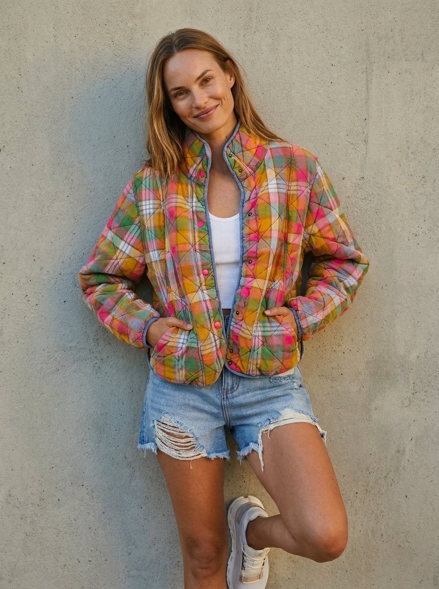 Quincy Bleached Vintage Plaid Quilted Jacket With Pockets - Westly