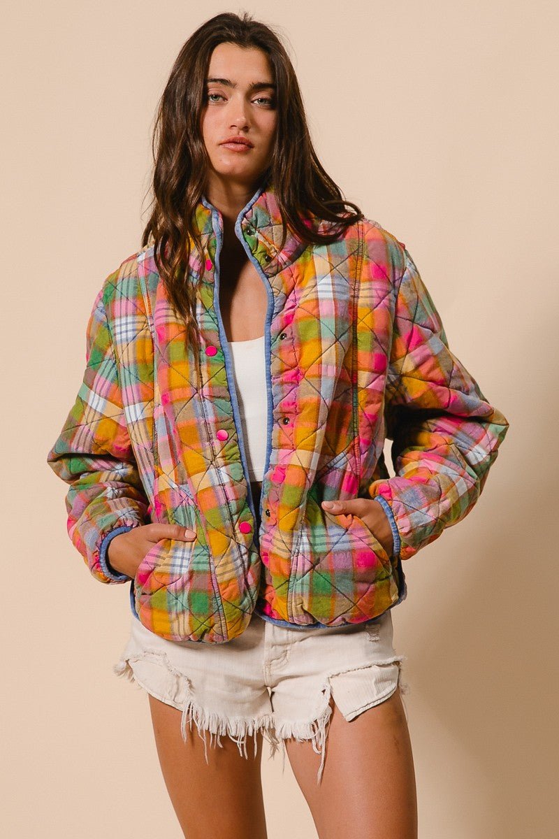 Quincy Bleached Vintage Plaid Quilted Jacket With Pockets - Westly