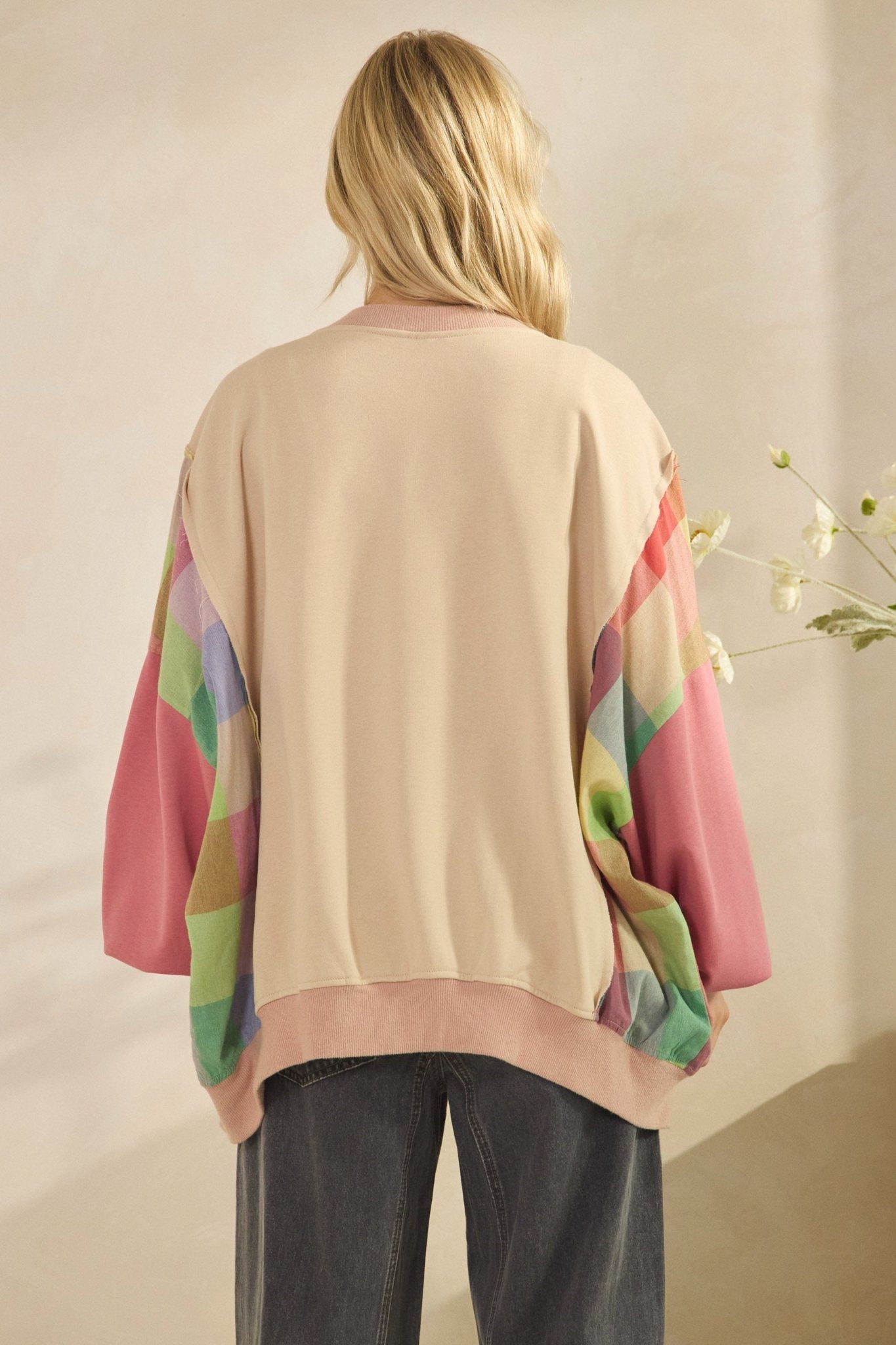 Rainbow Revival Peace Sign Plaid Sleeve Pullover - Westly