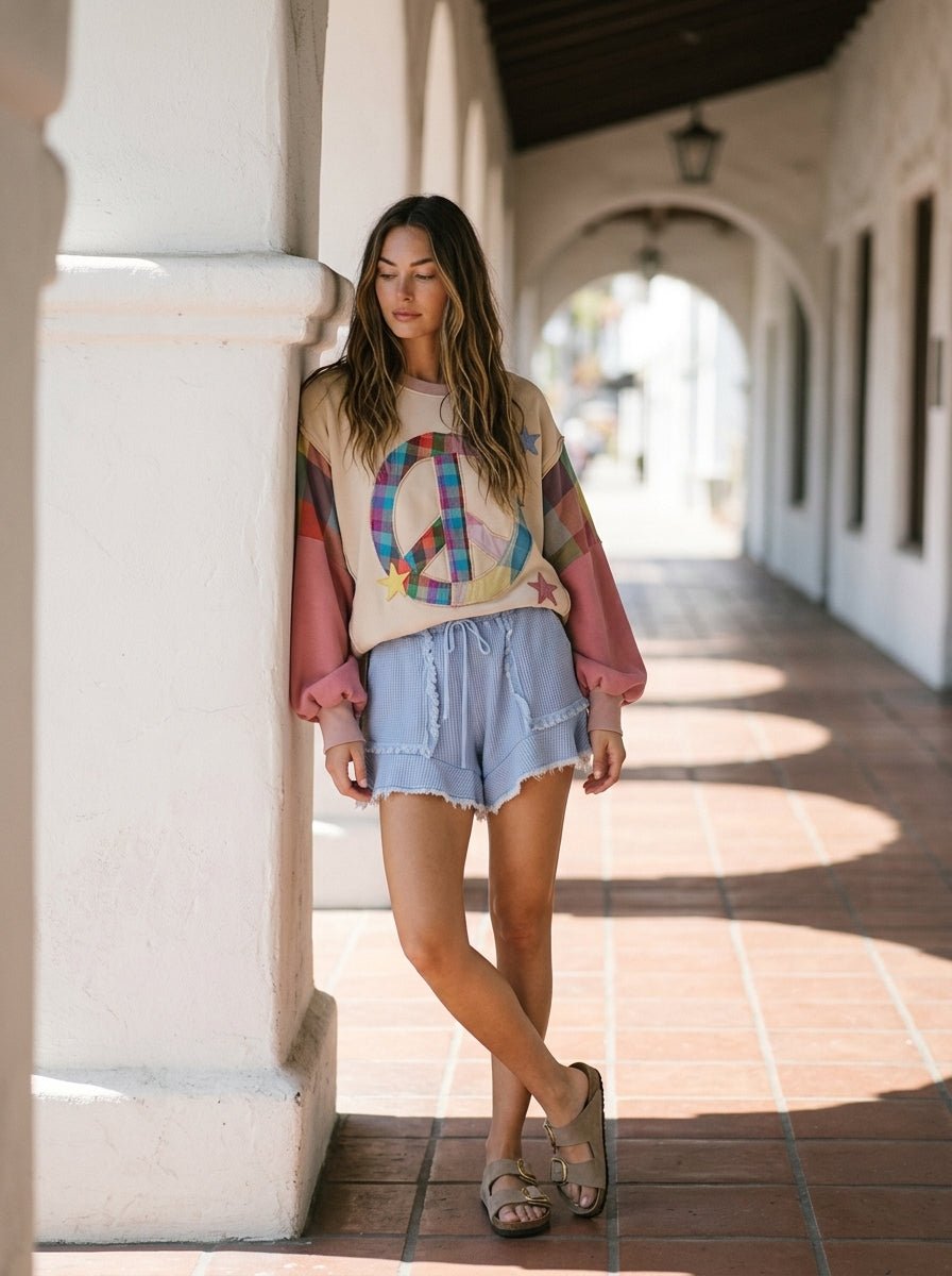 Rainbow Revival Peace Sign Plaid Sleeve Pullover - Westly