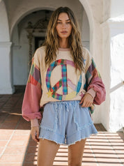 Rainbow Revival Peace Sign Plaid Sleeve Pullover - Westly