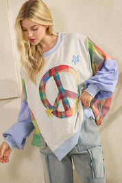 Rainbow Revival Peace Sign Plaid Sleeve Pullover - Westly