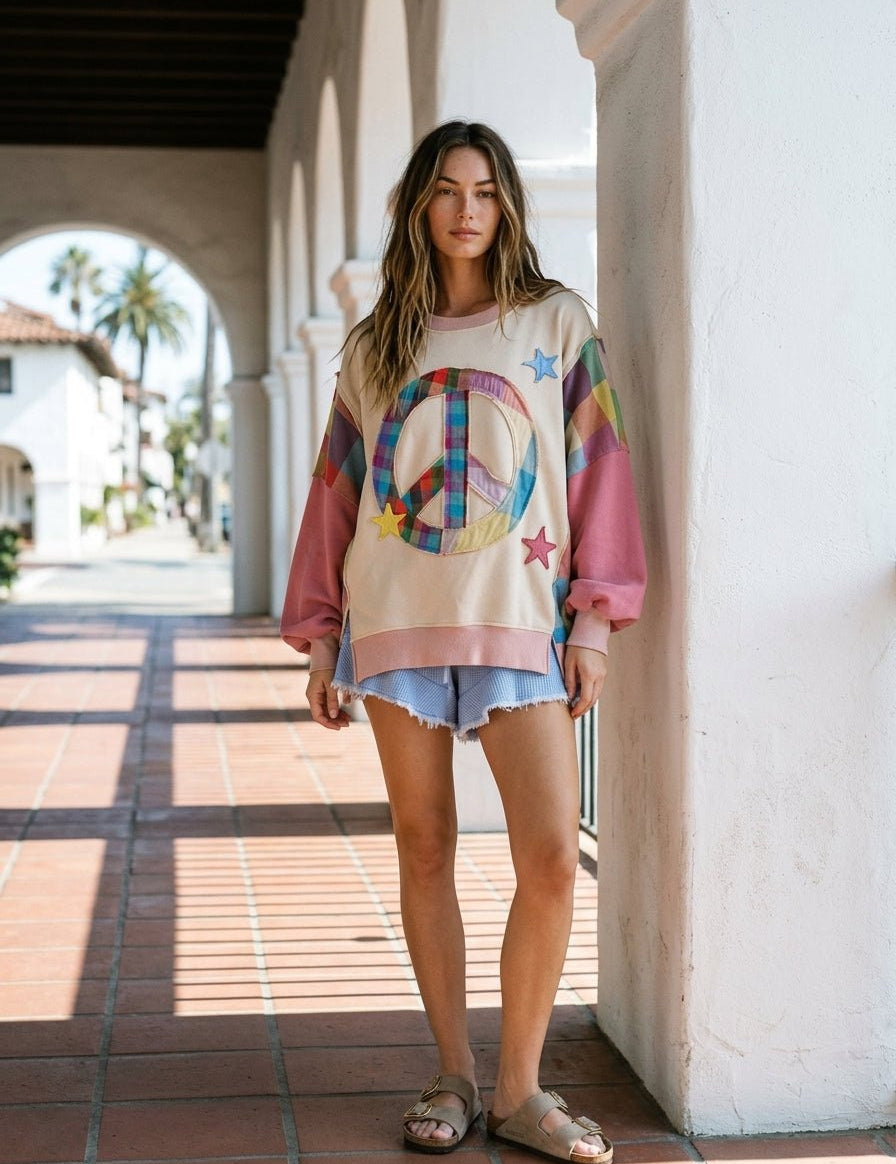 Rainbow Revival Peace Sign Plaid Sleeve Pullover - Westly