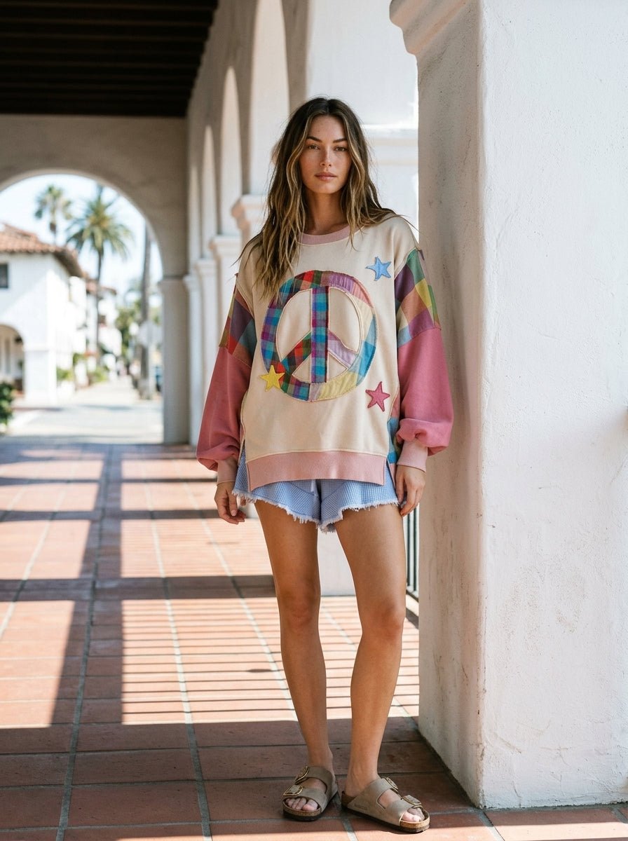 Rainbow Revival Peace Sign Plaid Sleeve Pullover - Westly
