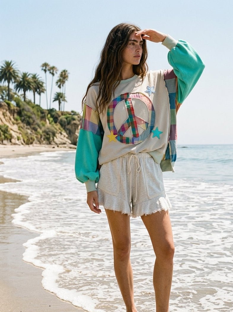 Rainbow Revival Peace Sign Plaid Sleeve Pullover - Westly
