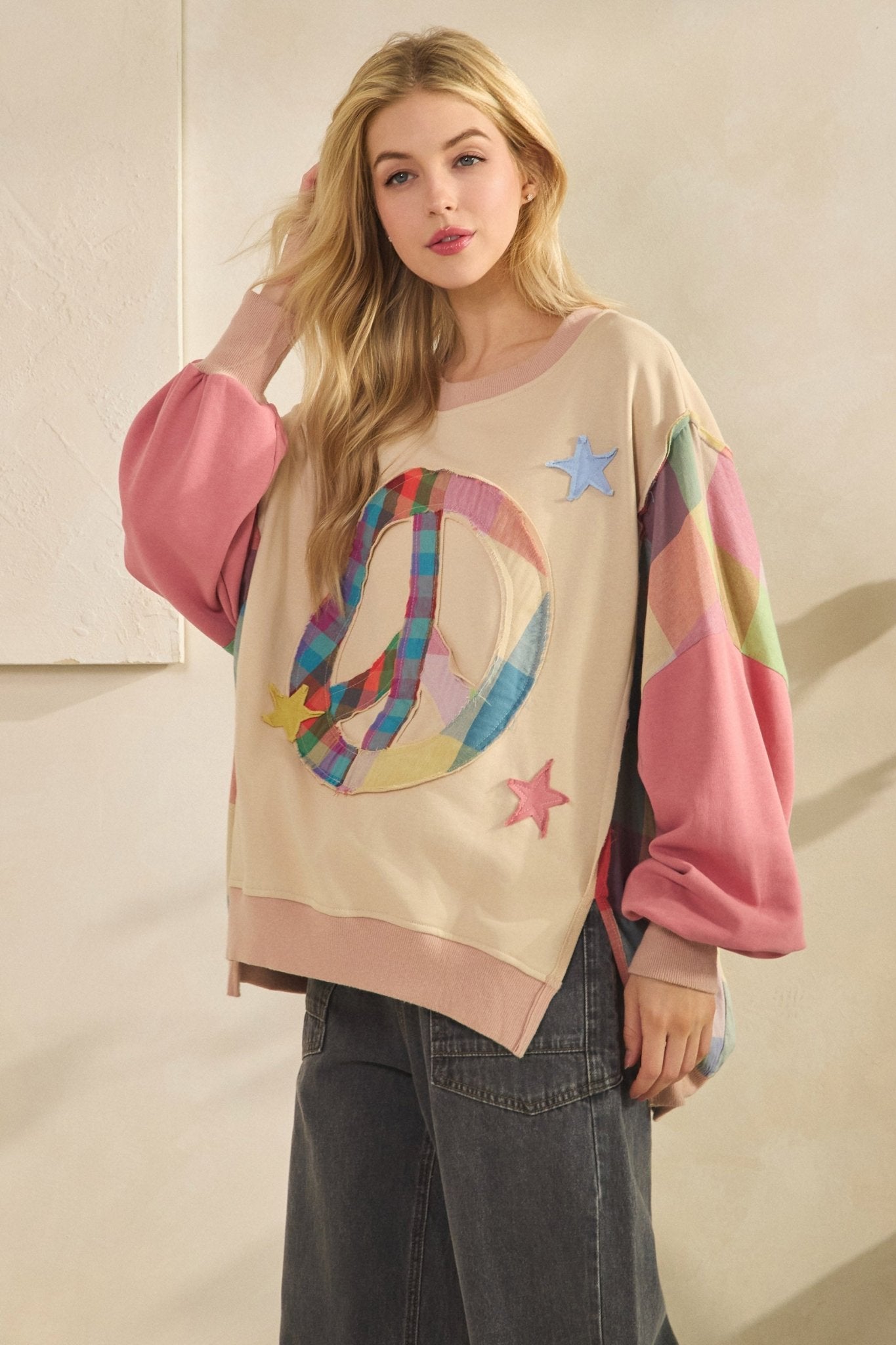 Rainbow Revival Peace Sign Plaid Sleeve Pullover - Westly