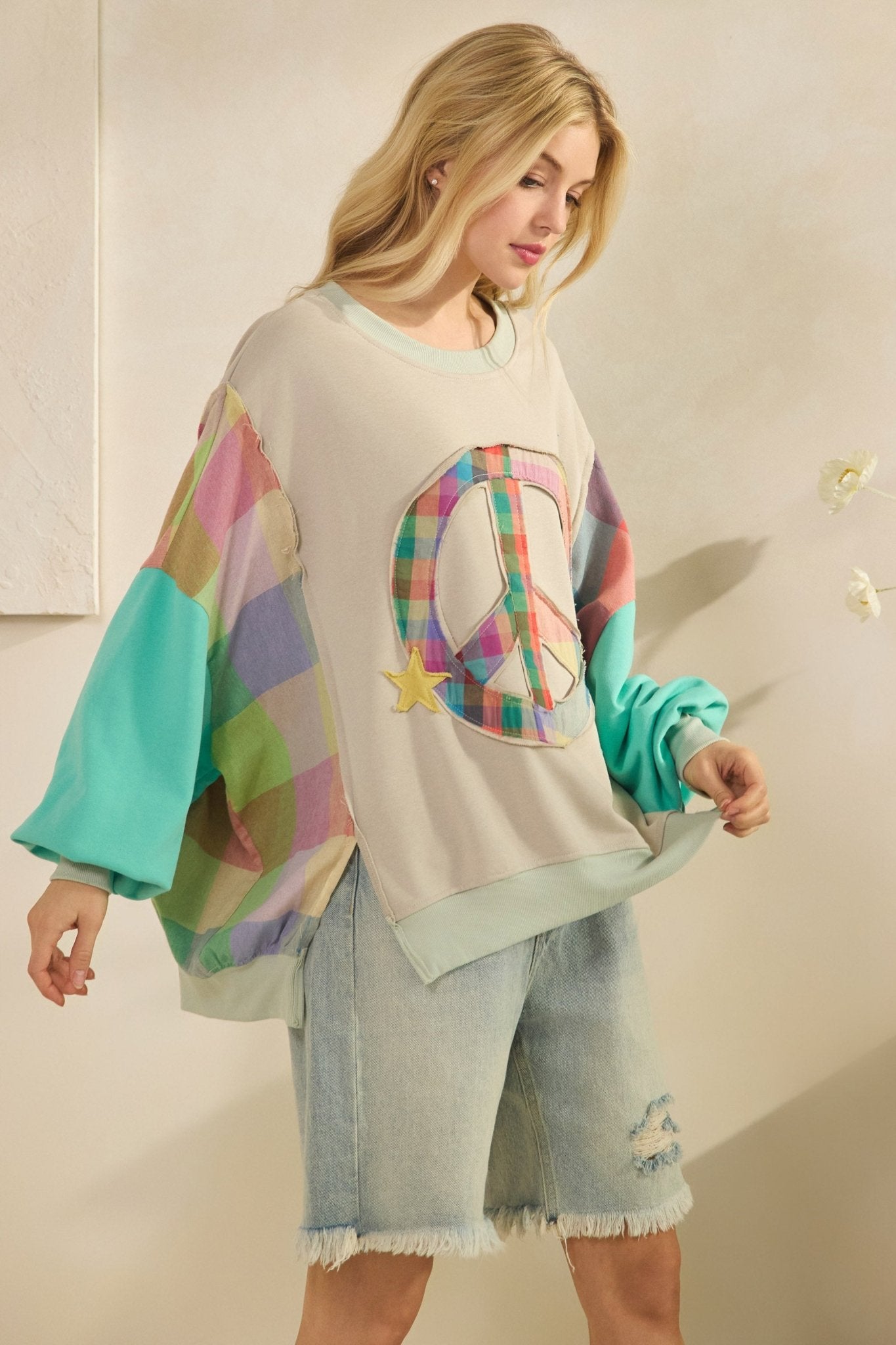 Rainbow Revival Peace Sign Plaid Sleeve Pullover - Westly
