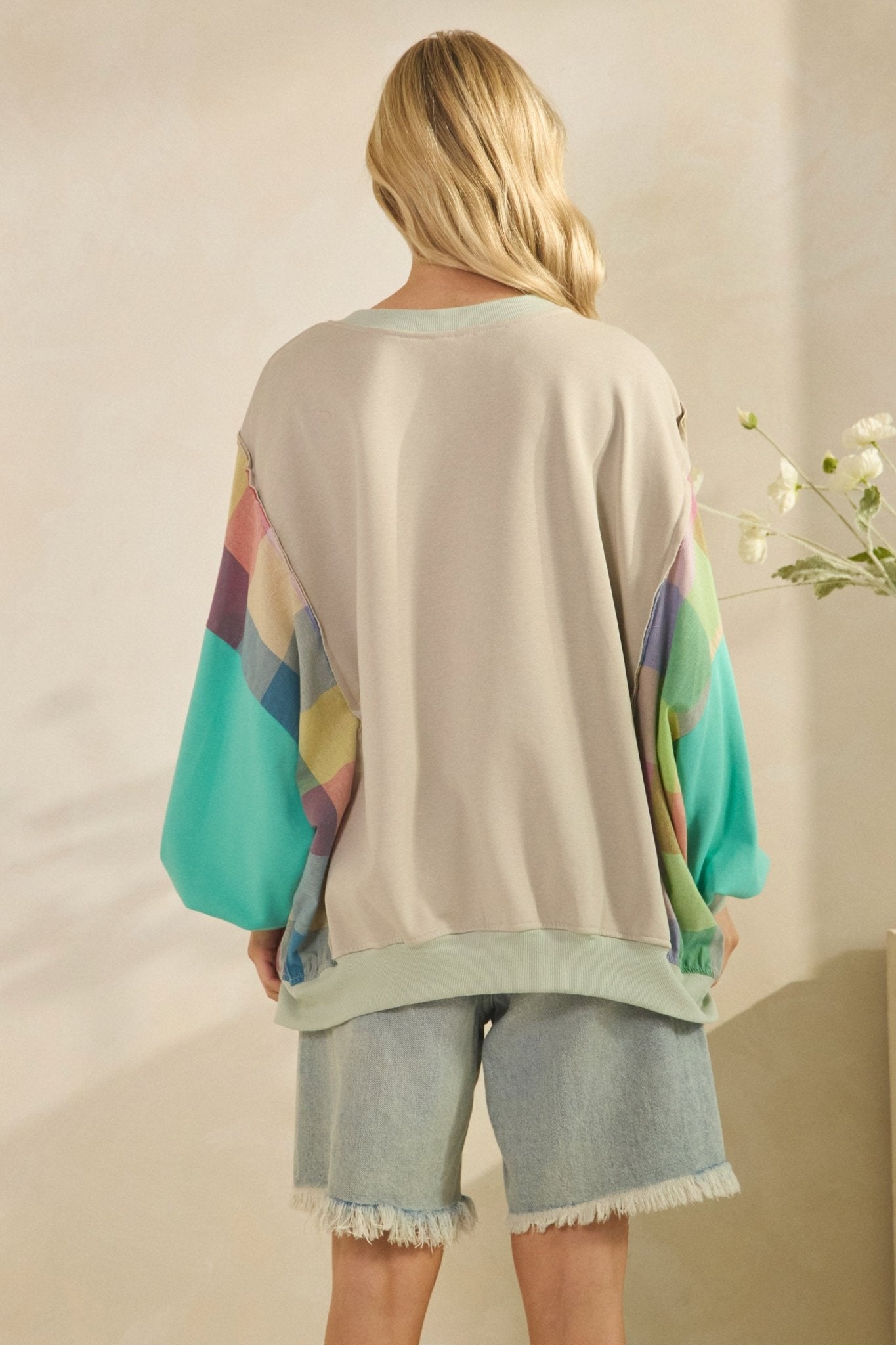 Rainbow Revival Peace Sign Plaid Sleeve Pullover - Westly