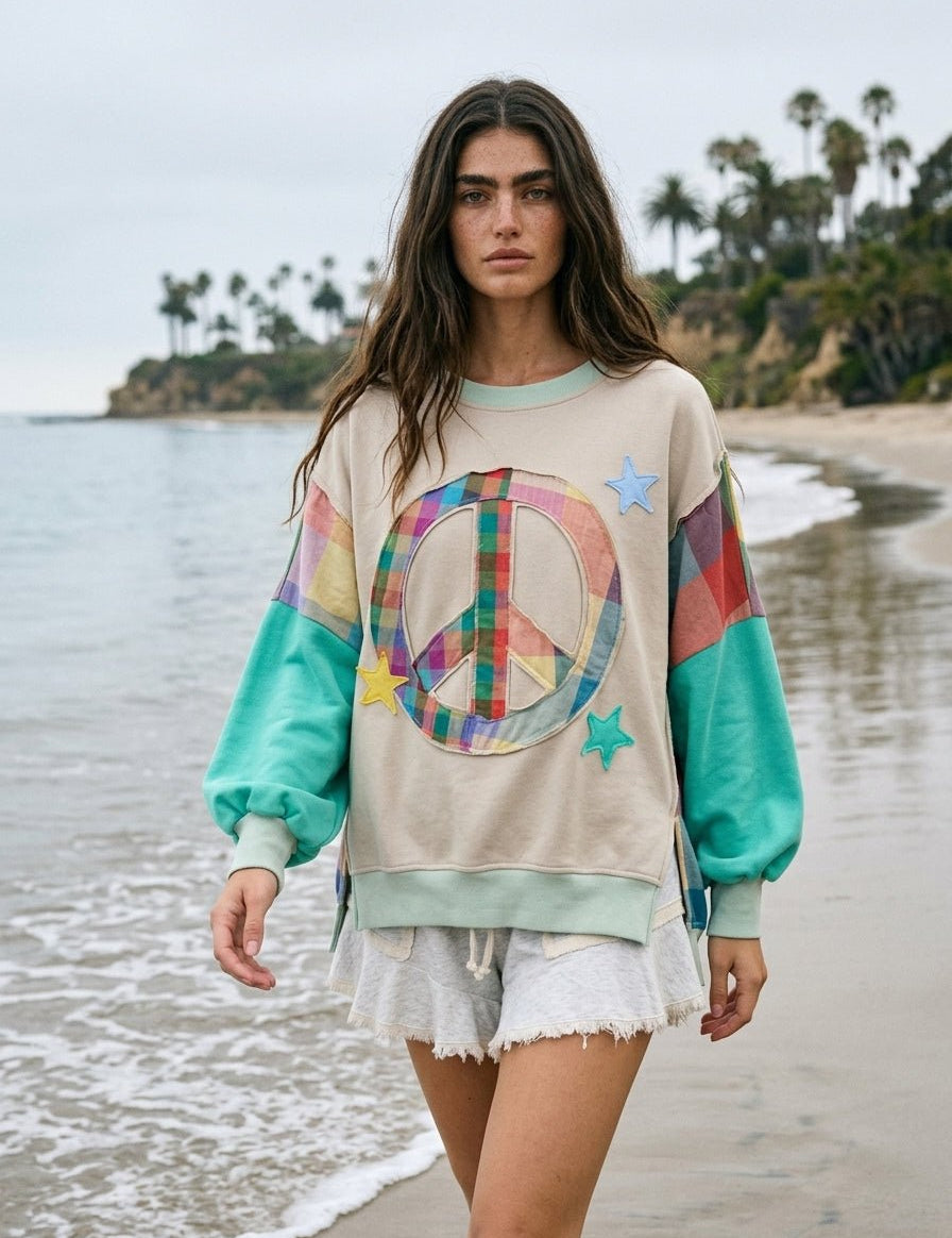 Rainbow Revival Peace Sign Plaid Sleeve Pullover - Westly