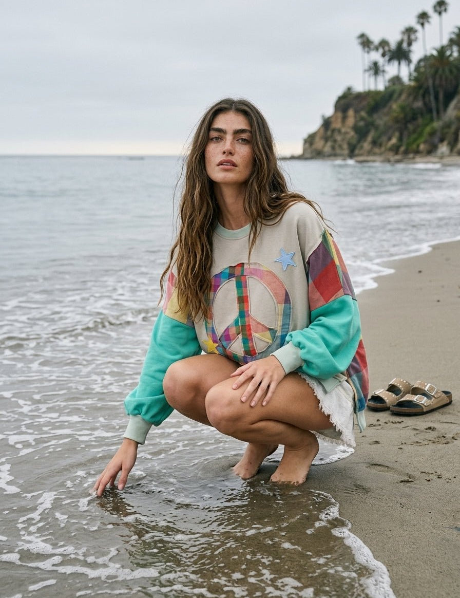 Rainbow Revival Peace Sign Plaid Sleeve Pullover - Westly