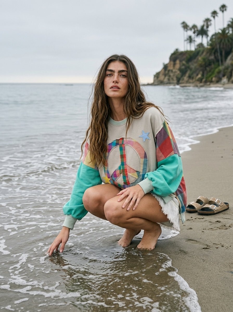 Rainbow Revival Peace Sign Plaid Sleeve Pullover - Westly