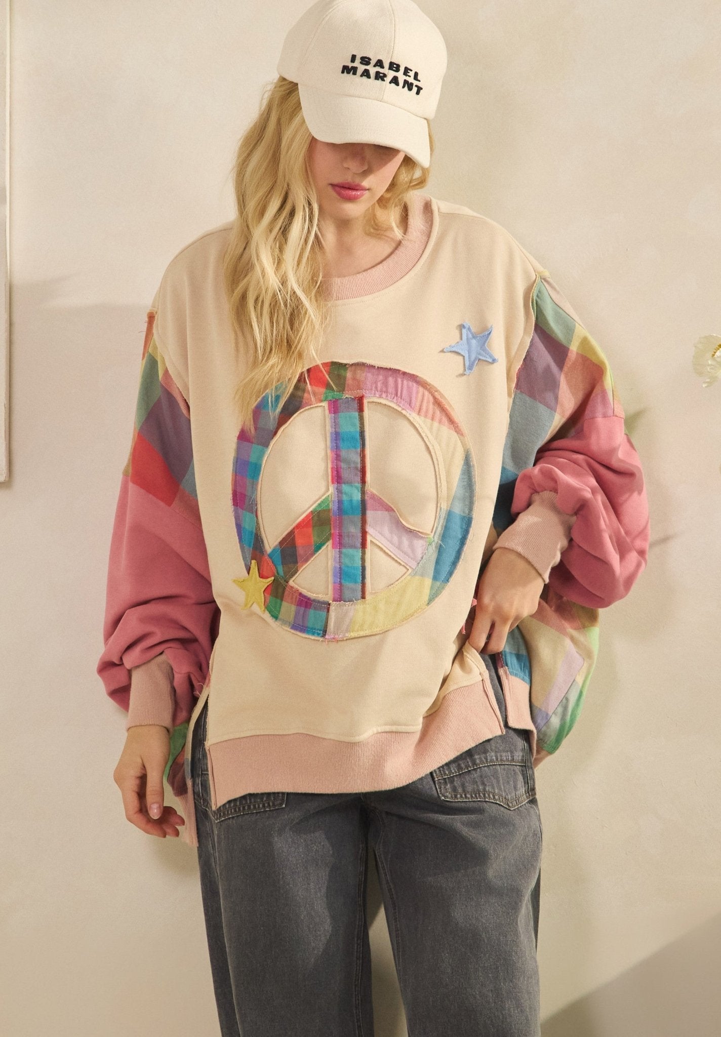 Rainbow Revival Peace Sign Plaid Sleeve Pullover - Westly