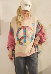Rainbow Revival Peace Sign Plaid Sleeve Pullover - Westly