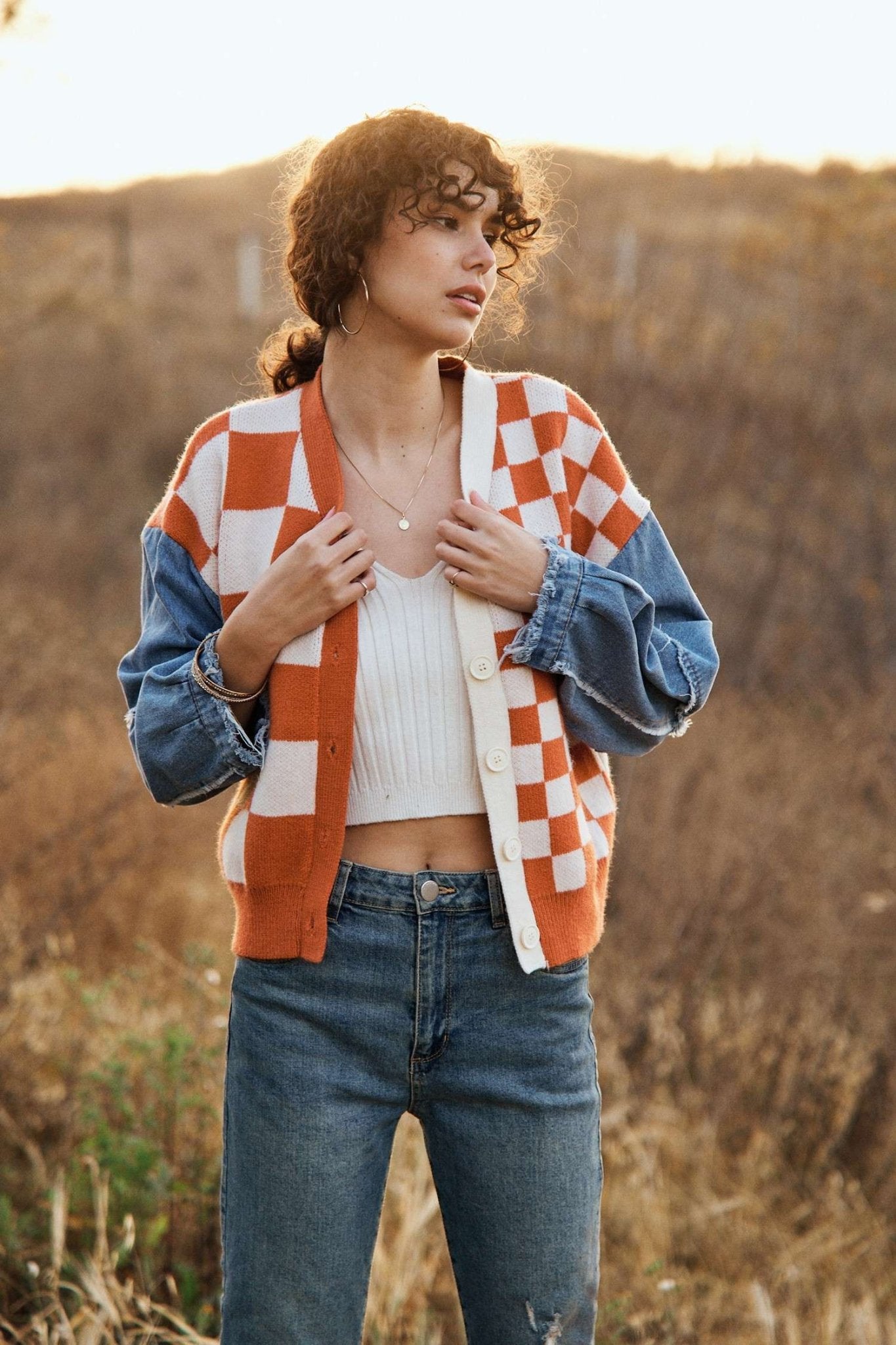 Rally Checkered Denim Sleeve Cardigan - Westly