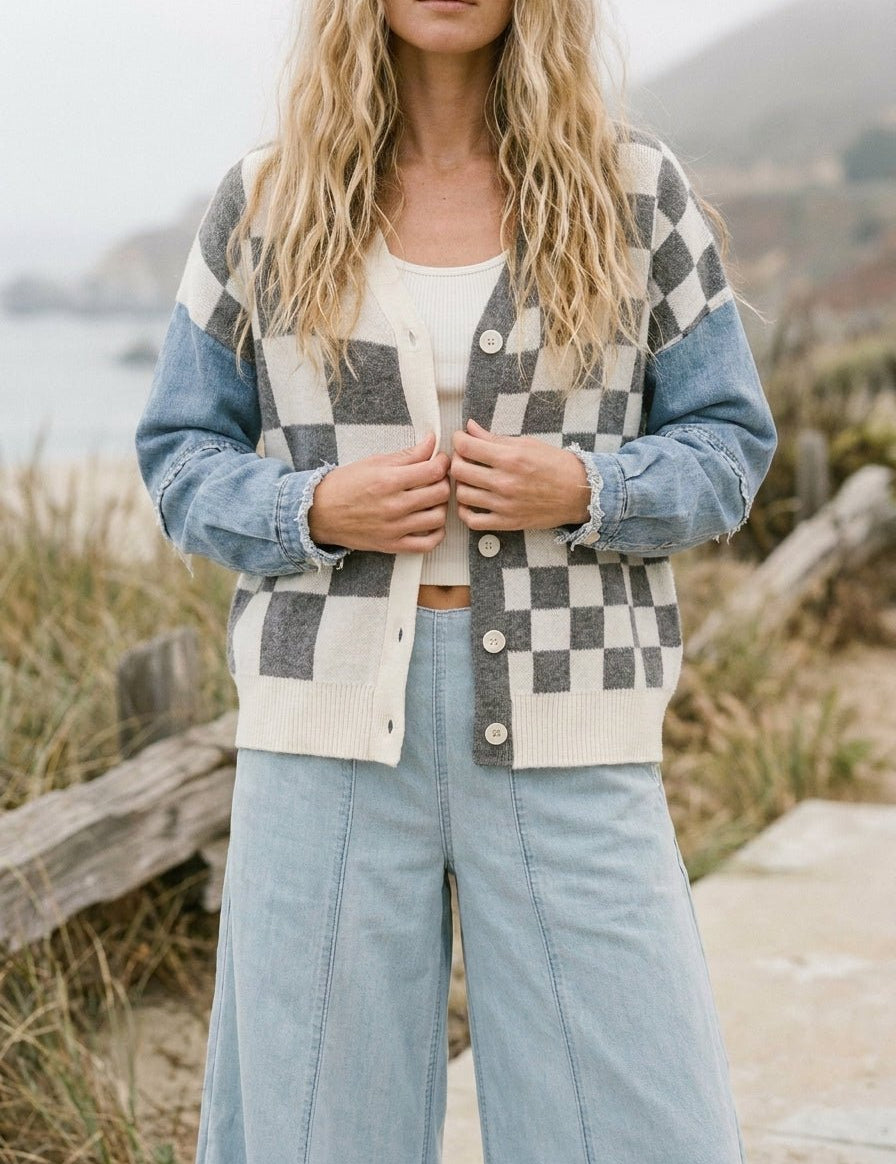Rally Checkered Denim Sleeve Cardigan - Westly