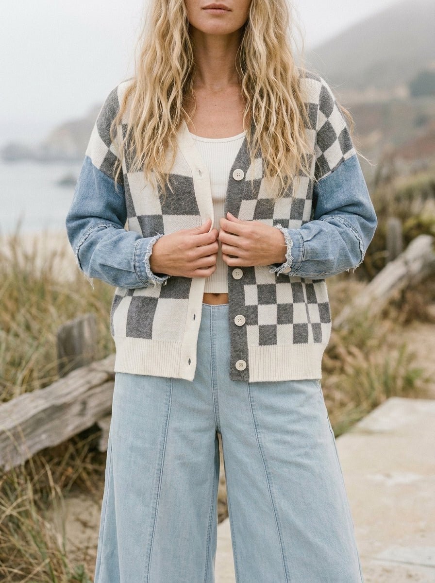 Rally Checkered Denim Sleeve Cardigan - Westly