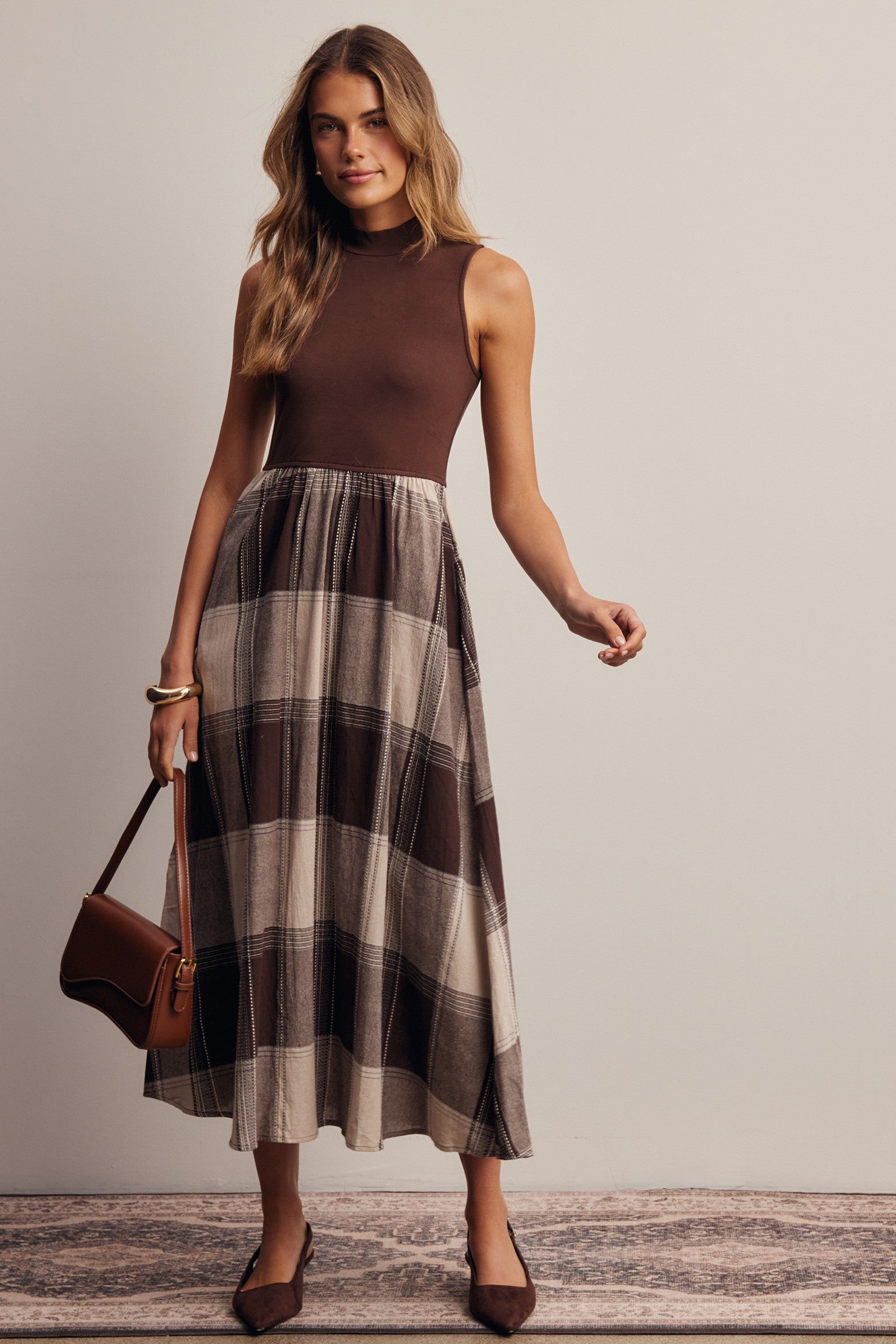 Regent Mixed Media Plaid Midi Dress in Brown, photo 1