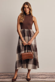 Regent Mixed Media Plaid Midi Dress in Brown, photo 2