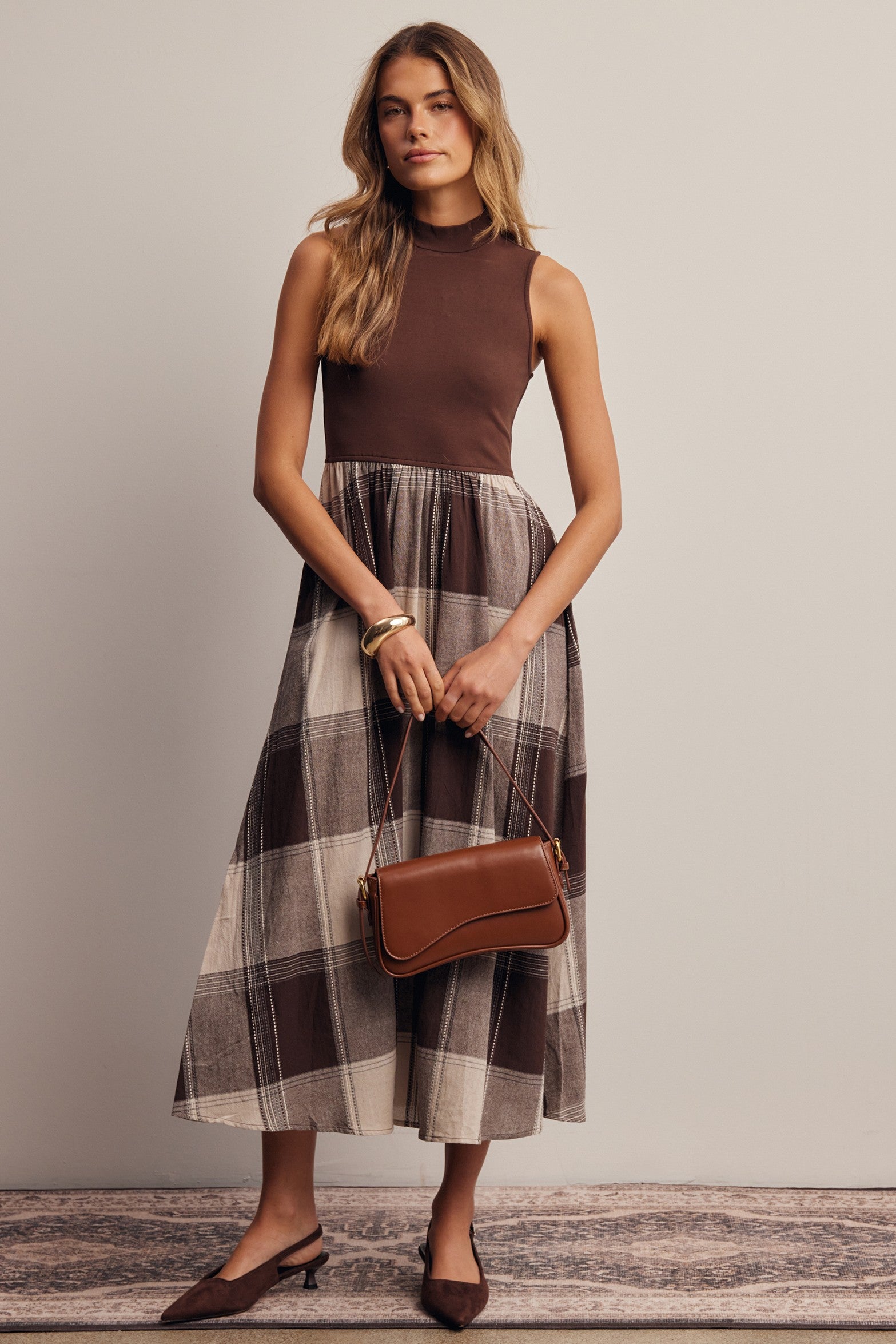 Regent Mixed Media Plaid Midi Dress in Brown, photo 3