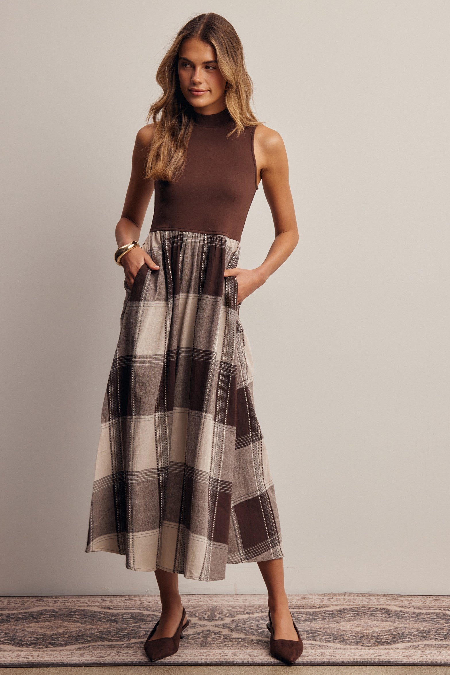Regent Mixed Media Plaid Midi Dress in Brown, photo 5