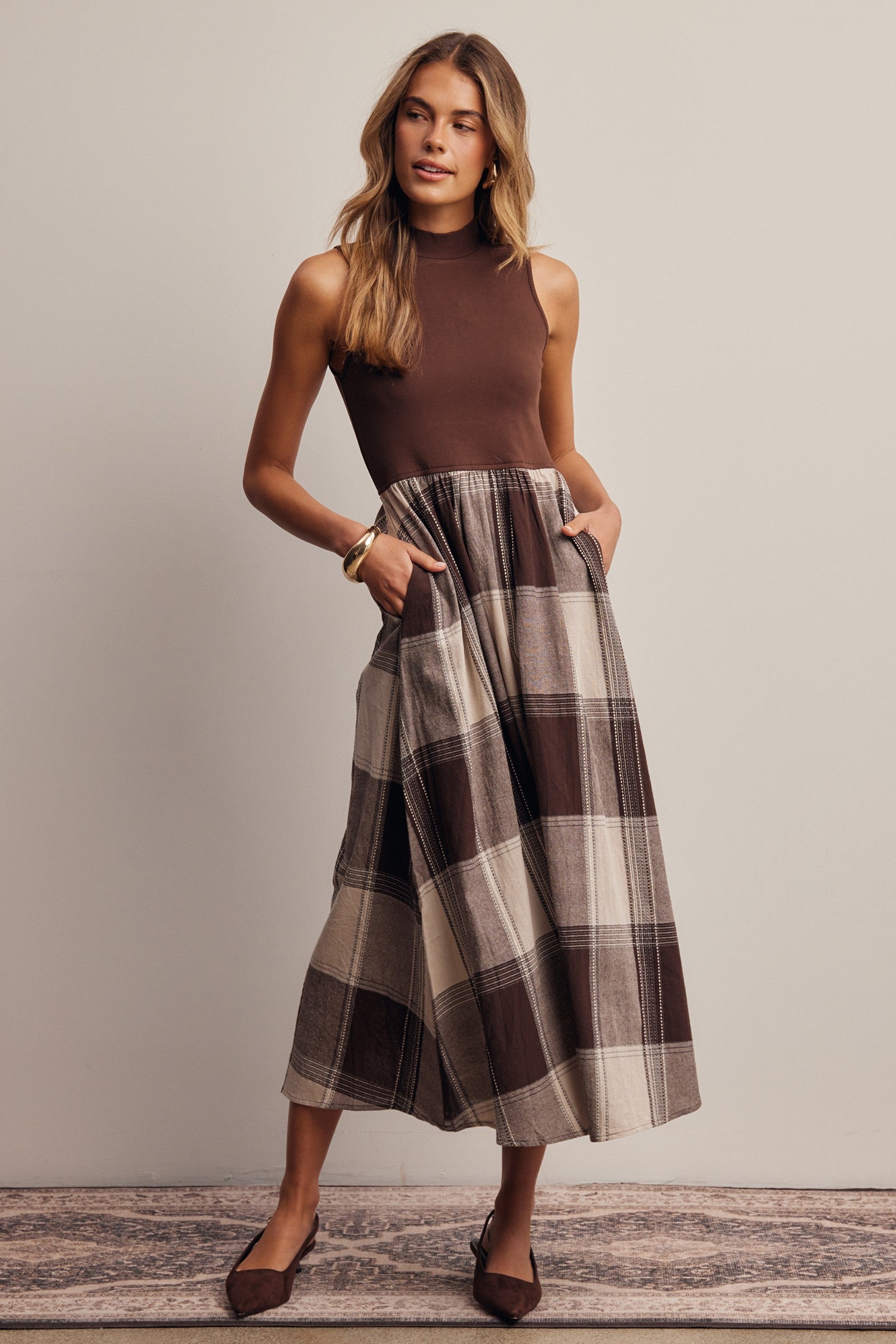 Regent Mixed Media Plaid Midi Dress in Brown, photo 6