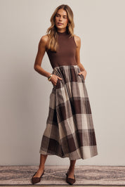 Regent Mixed Media Plaid Midi Dress in Brown, photo 6
