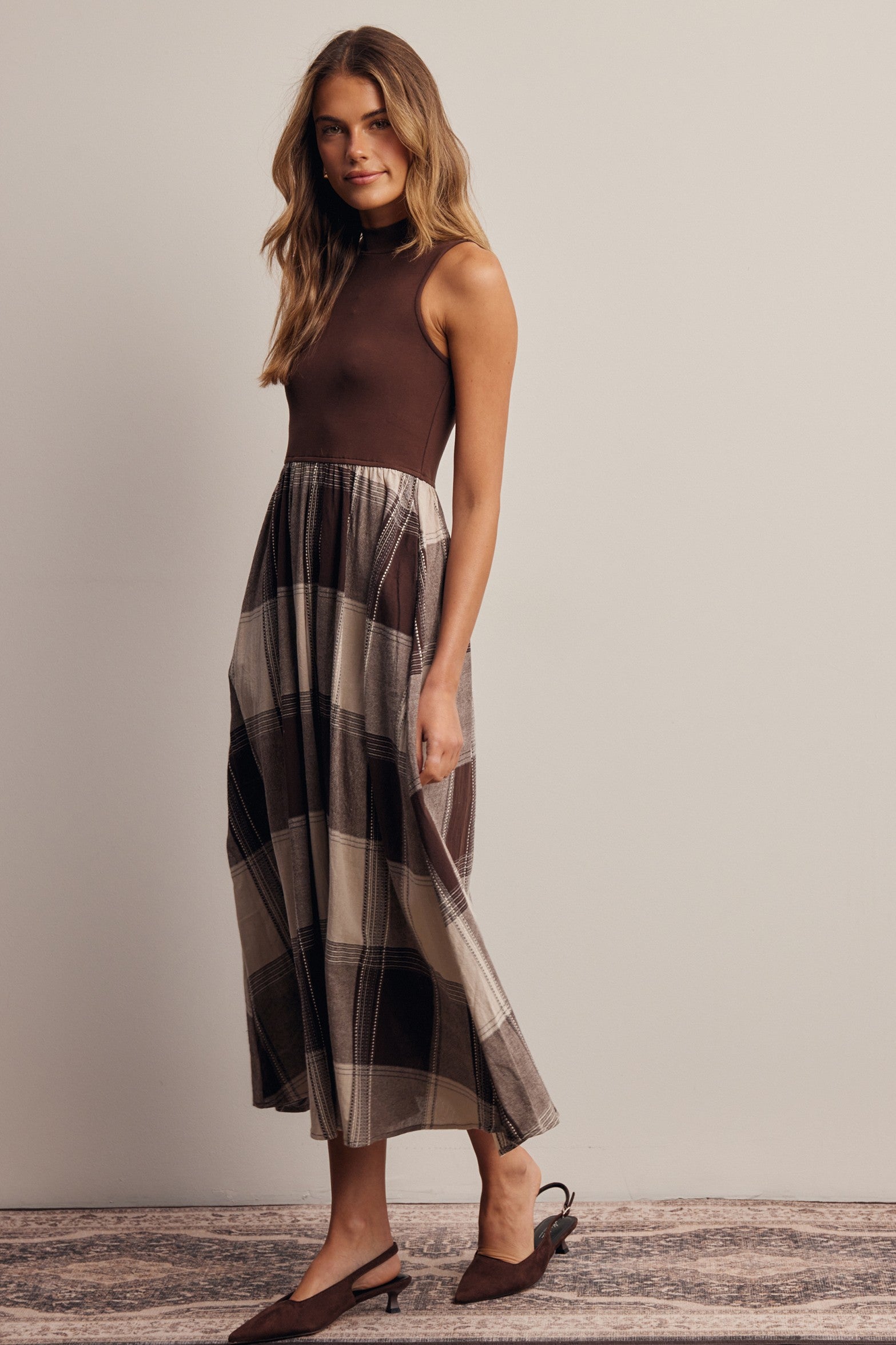 Regent Mixed Media Plaid Midi Dress in Brown, photo 7