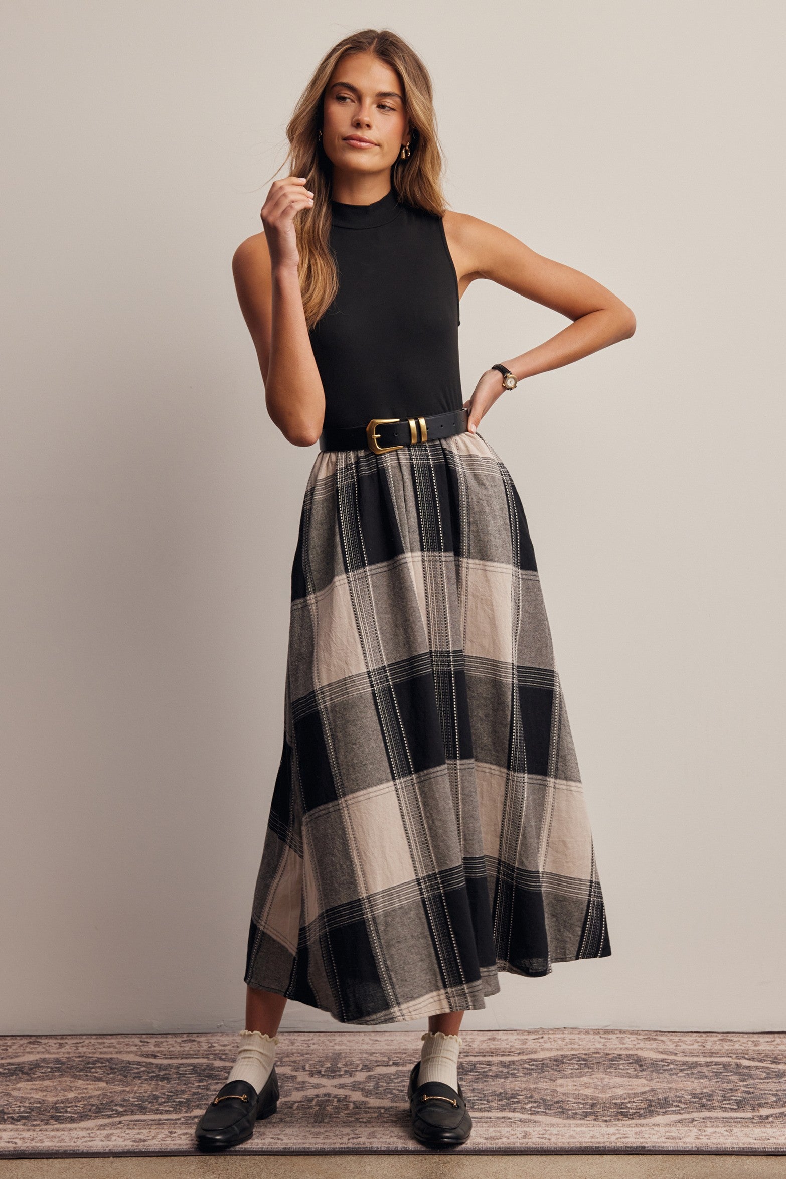 Regent Mixed Media Plaid Midi Dress in Faded Black, photo 1