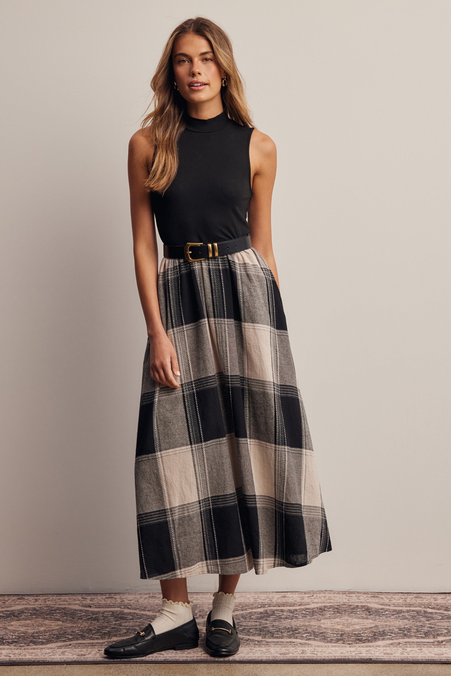 Regent Mixed Media Plaid Midi Dress in Faded Black, photo 2