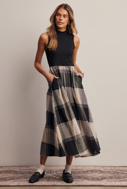 Regent Mixed Media Plaid Midi Dress in Faded Black, photo 6