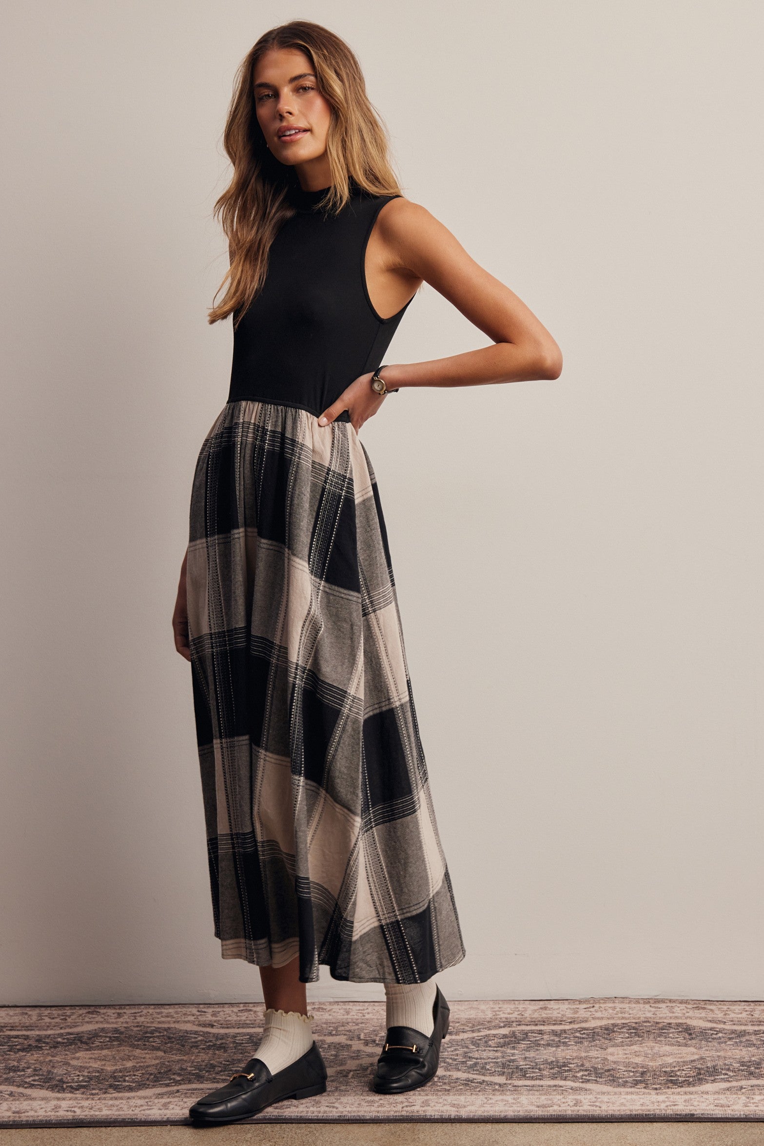 Regent Mixed Media Plaid Midi Dress in Faded Black, photo 9