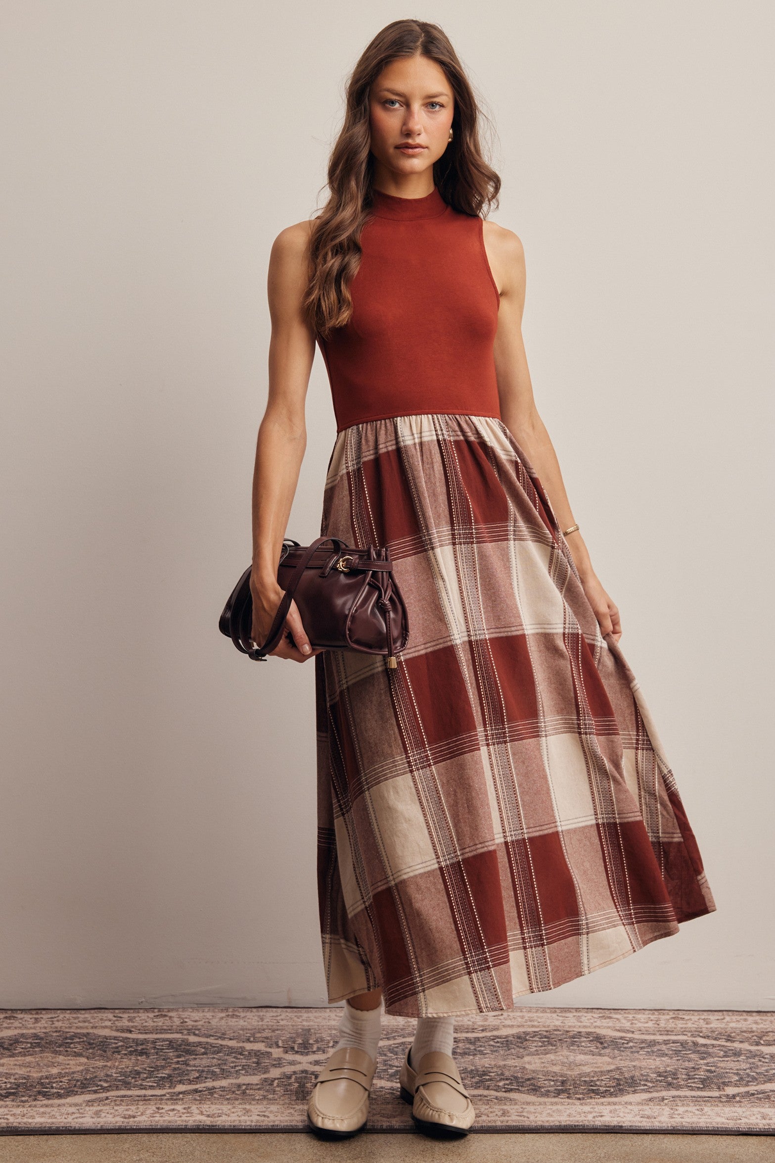 Regent Mixed Media Plaid Midi Dress in Marsala, photo 2