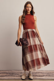 Regent Mixed Media Plaid Midi Dress in Marsala, photo 2