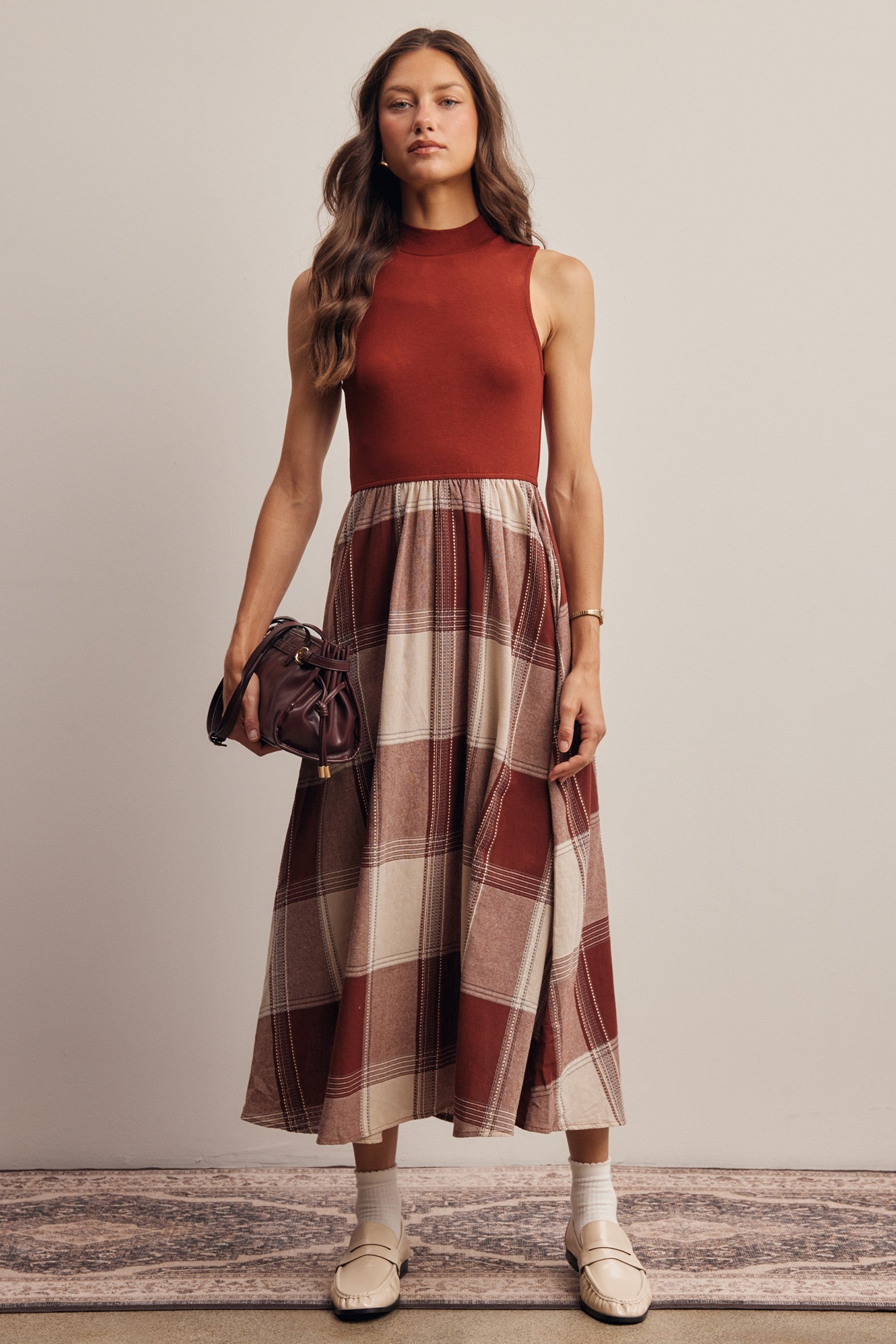 Regent Mixed Media Plaid Midi Dress in Marsala, photo 3
