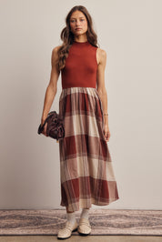 Regent Mixed Media Plaid Midi Dress in Marsala, photo 4