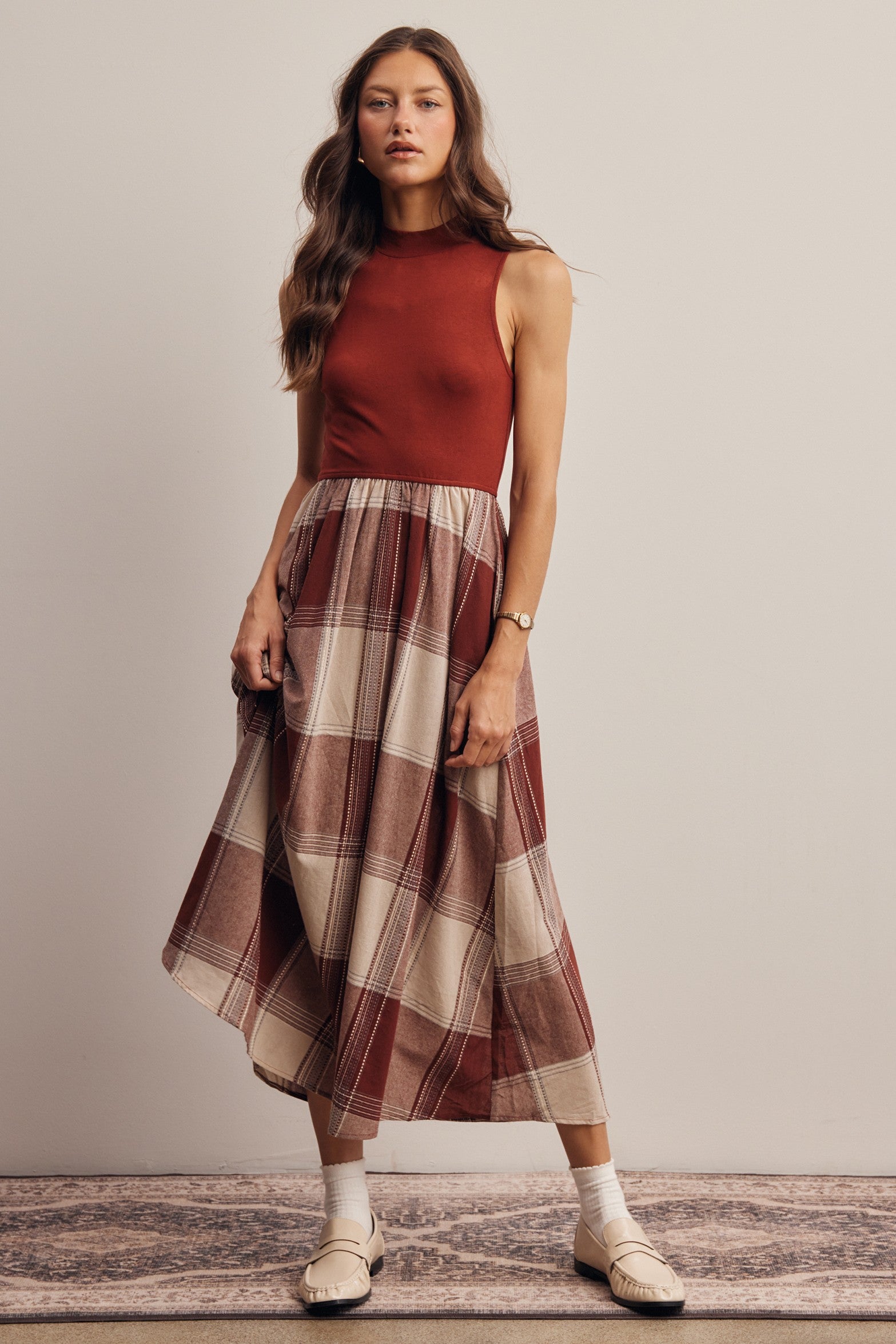 Regent Mixed Media Plaid Midi Dress in Marsala, photo 6