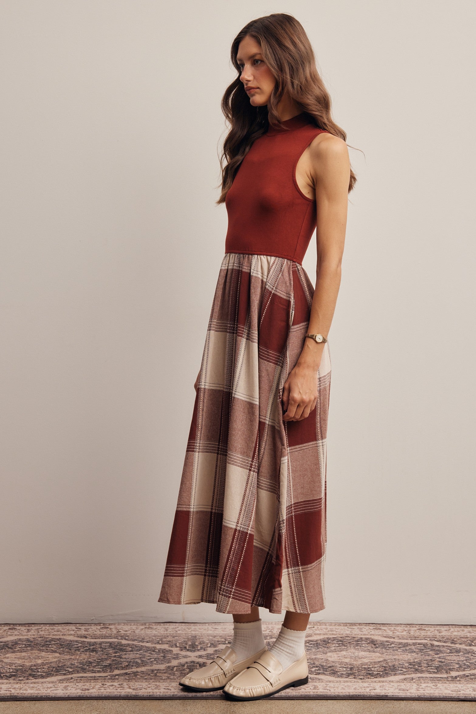 Regent Mixed Media Plaid Midi Dress in Marsala, photo 7