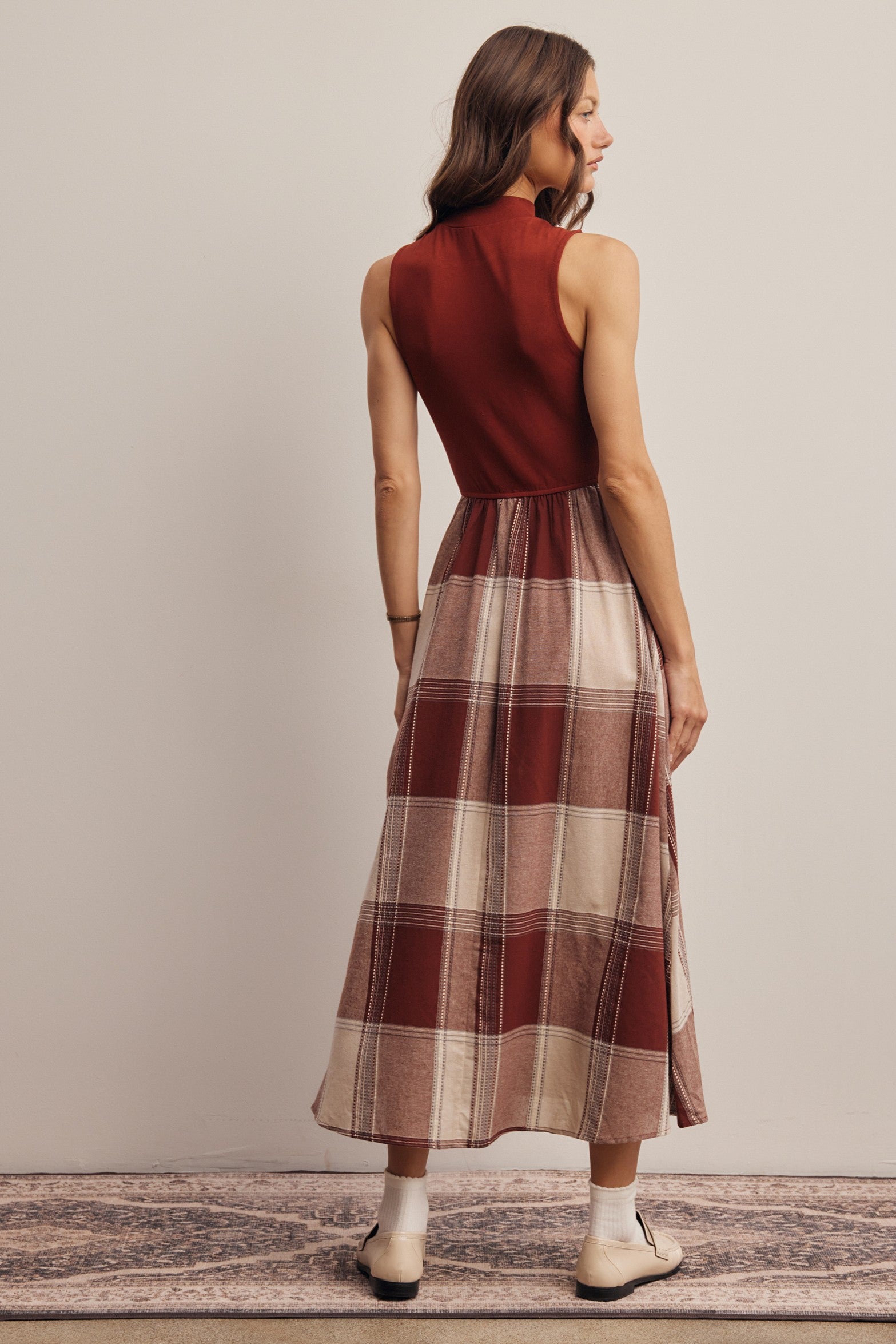 Regent Mixed Media Plaid Midi Dress in Marsala, photo 10
