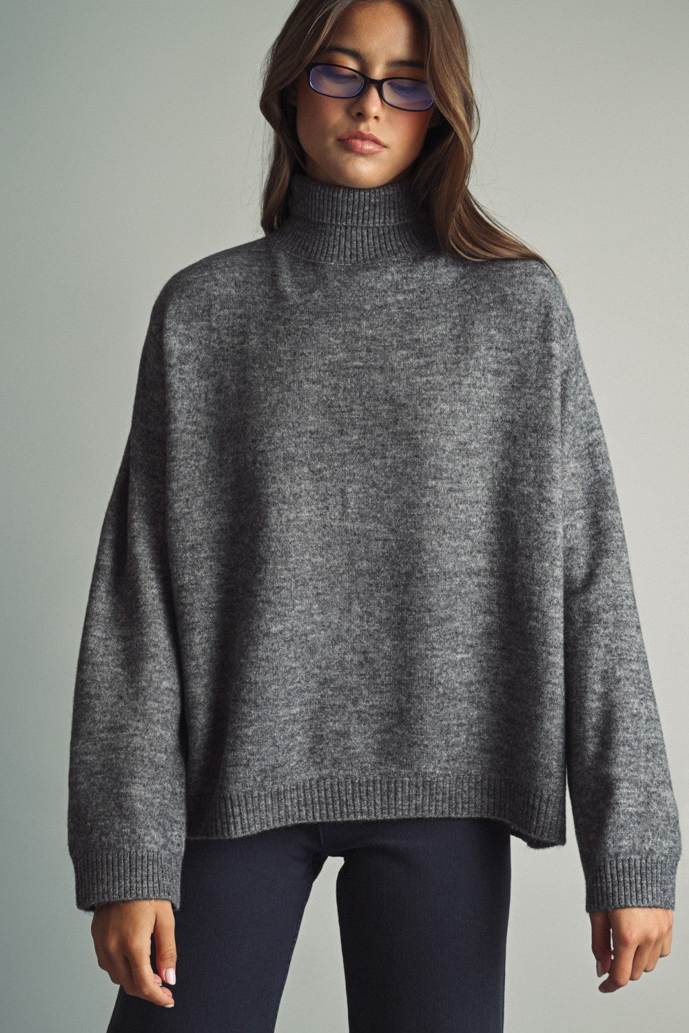 Reverse View Stripe Back Turtleneck in Charcoal - product photo 1