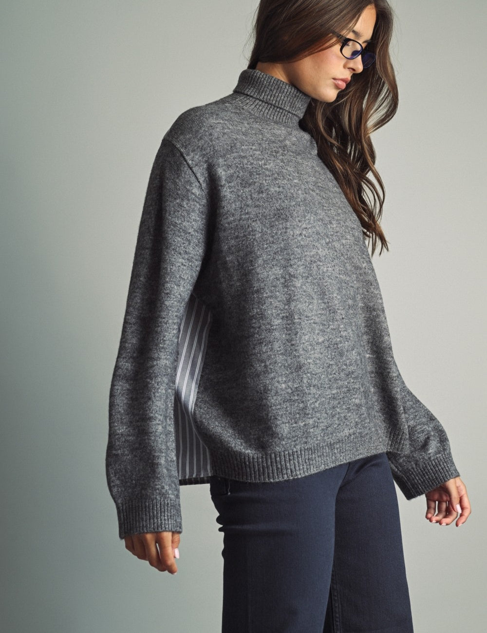 Reverse View Stripe Back Turtleneck in Charcoal - product photo 2